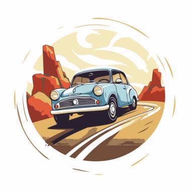Çölde eski model bir araba. Vektör illüstrasyonu.