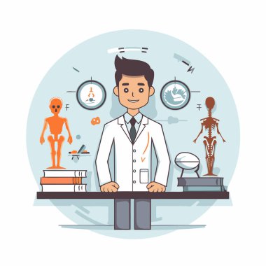Tıbbi ekipmanların önünde duran beyaz önlüklü bir doktorun vektör çizimi..