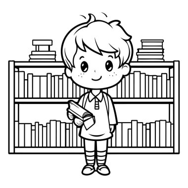 Çocuk kütüphanede kitap okuyor. siyah ve beyaz vektör çizimi