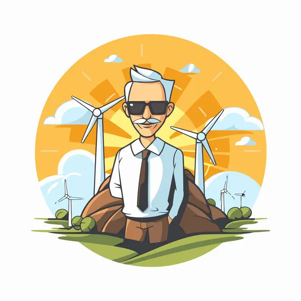Eco Friendly Businessman Front Windmill Vector Illustration — Stock Vector
