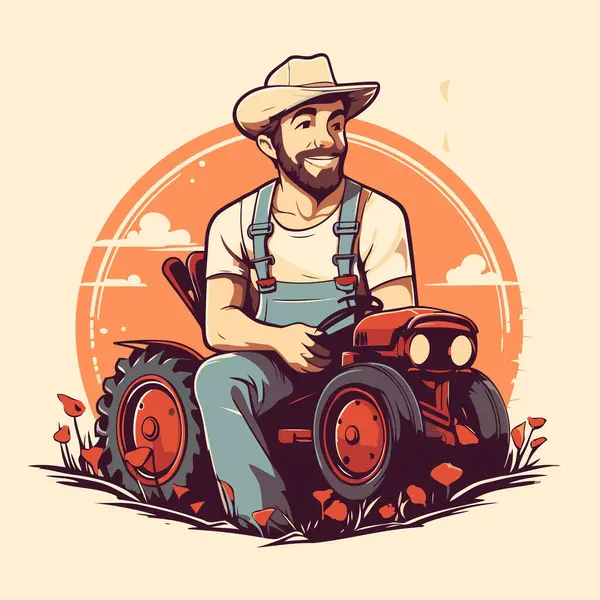 Agricultor Con Tractor Campo Ilustración Vectorial Estilo Retro — Archivo Imágenes Vectoriales