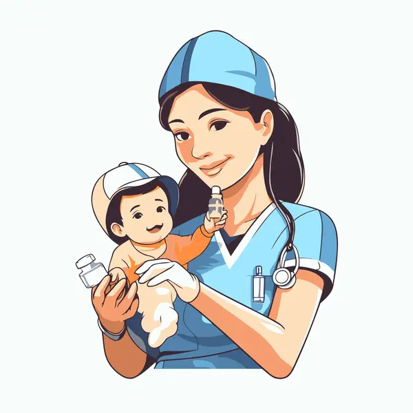 Enfermera Con Bebé Sus Brazos Dibujos Animados Vector Ilustración — Vector de stock