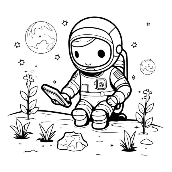 Astronauta Con Una Lente Ingrandimento Mano Illustrazione Vettoriale — Vettoriale Stock