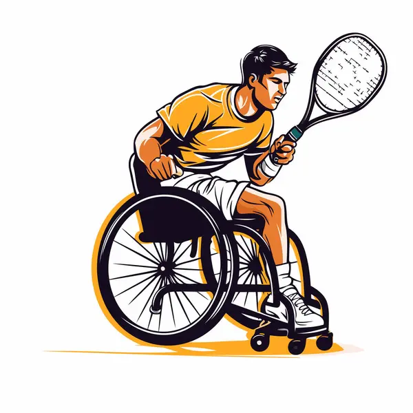 Joueur Tennis Fauteuil Roulant Avec Raquette Balle Illustration Vectorielle Dessinée — Image vectorielle
