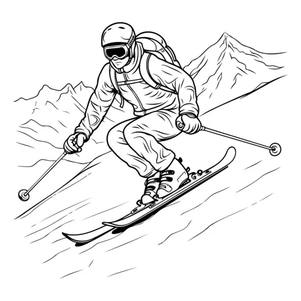 Esquiador Esquiando Cuesta Abajo Vector Ilustración Dibujada Mano Blanco Negro — Vector de stock