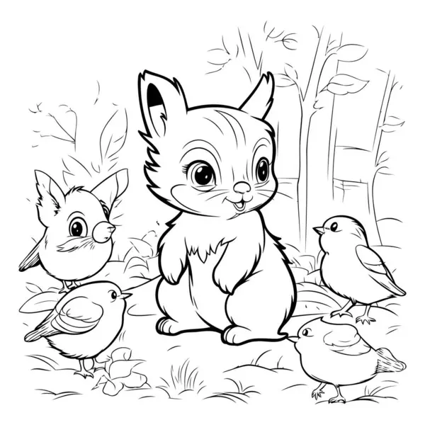 Kleurboek Voor Kinderen Printen Online Leuke Cartoon Eekhoorn Vogels — Stockvector