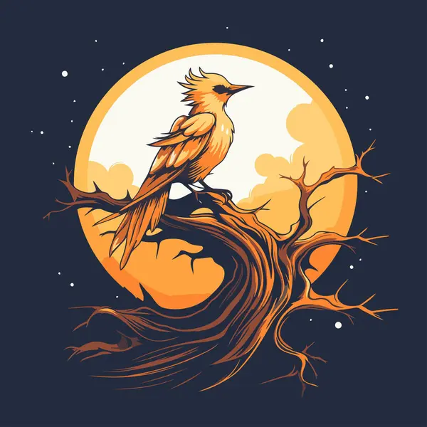 Vector Illustration Bird Sitting Tree Branch Front Moon — Stock Vector