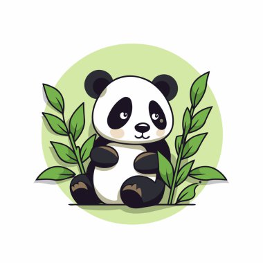 Yerde oturmuş yapraklarla çevrili şirin panda. Vektör illüstrasyonu.