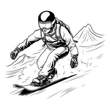 Snowboard 'a atlayan bir snowboardcu. Vektör illüstrasyonu.