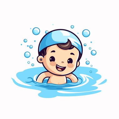 Havuzda yüzen şirin bir çocuk. çizgi film vektör illüstrasyonu.