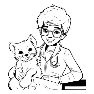 Siyah-beyaz vektör grafik tasarımı köpek karikatürü veteriner