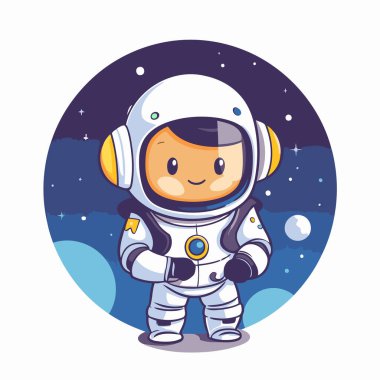 Uzayda sevimli bir astronot. Vektör çizimi. Çizgi film biçimi.