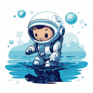 Suda bir astronot. Bir çizgi film karakterinin vektör illüstrasyonu.