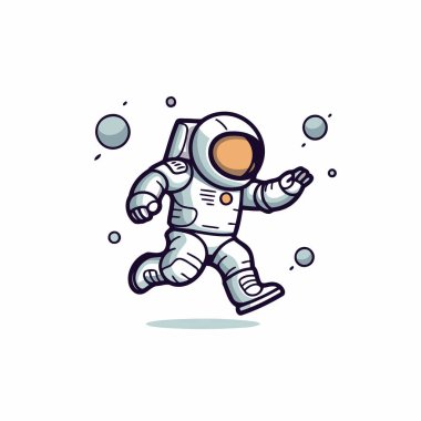 Baloncuklarla koşan astronot. Vektör çizimi. Çizgi film biçimi.