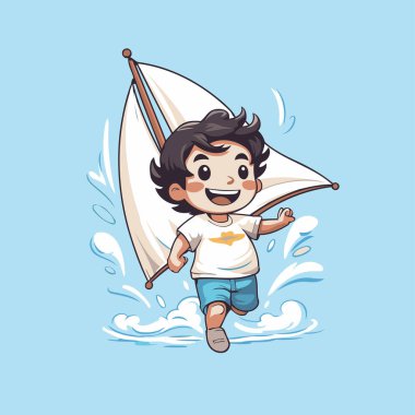 Mavi arka planda yelkenli bir çizgi film çocuğu. Vektör illüstrasyonu.