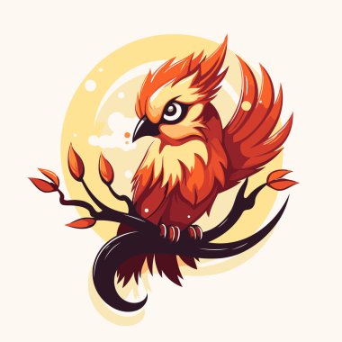 Ağaç dalında yapraklarla oturan kırmızı bir kuşun vektör çizimi