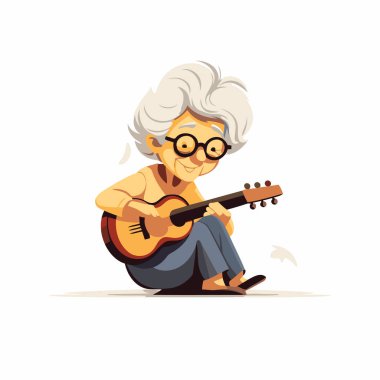 Gitar çalan yaşlı kadın. Beyaz arka planda izole edilmiş. Vektör illüstrasyonu.