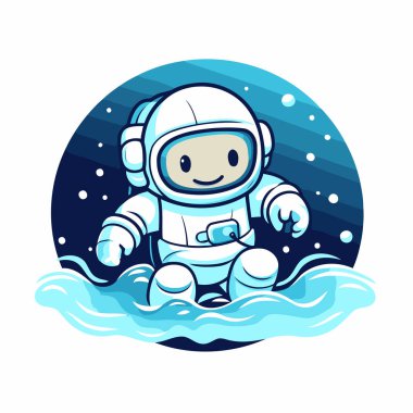 Suda bir astronot. Bir çizgi film karakterinin vektör illüstrasyonu.