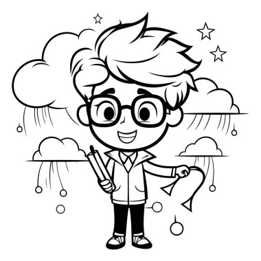 Siyah ve Beyaz Çizgi Roman Yazar Çocuk ve Bulutlu Çizgi Roman