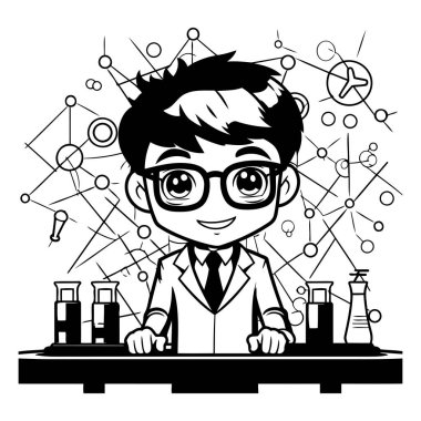 Laboratuvardaki bilim adamı. Boyama kitabı için siyah ve beyaz vektör çizimi.