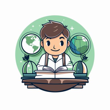 Küre ve kitaplarla dolu bir okul çocuğu. Çizgi film tarzında vektör illüstrasyonu.