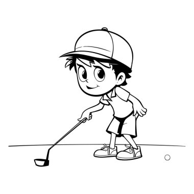 Çizgi filmci çocuk golf oynuyor. Golf oynayan bir çocuğun vektör illüstrasyonu.
