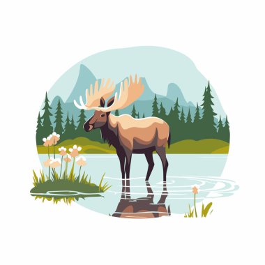 Dağların arka planında suyun üzerinde duran bir geyiğin temsili. Orman ve Göl.