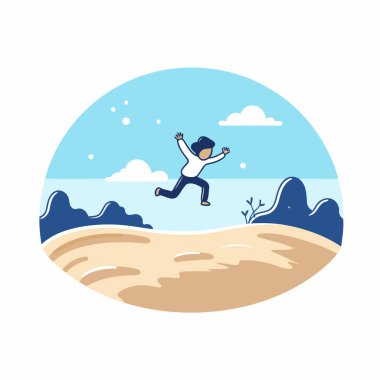 Genç adam plajda zıplıyor. Düz biçimli vektör illüstrasyonu.
