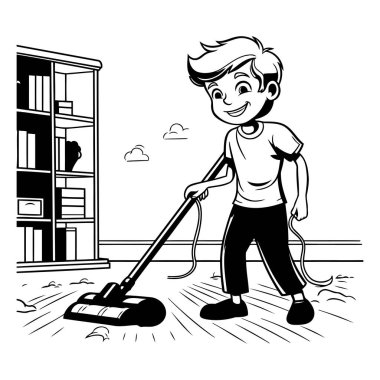 Çocuk elektrikli süpürgeyle evi temizliyor. Siyah ve beyaz vektör çizimi.