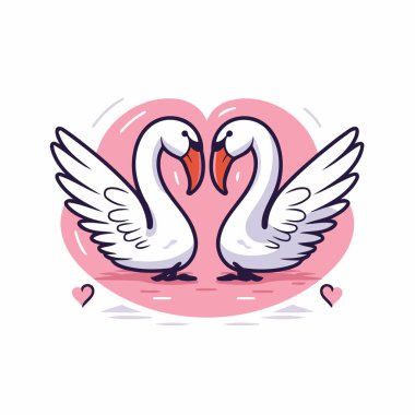 Kanatları ve kalpleri olan iki beyaz kuğu. Vektör illüstrasyonu.