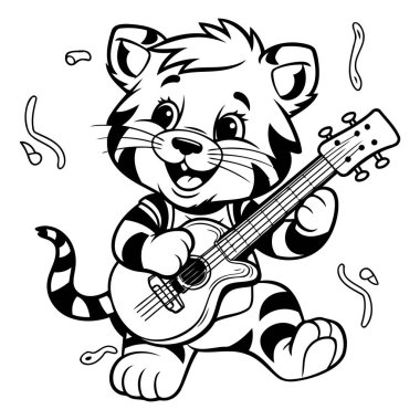 Siyah ve Beyaz Çizgi Film Çizgi Filmi: Sevimli Kaplan Renkli Kitap İçin Gitar Çalıyor
