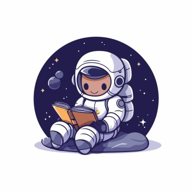 Kayanın üzerinde oturup kitap okuyan sevimli bir astronot. Vektör illüstrasyonu.