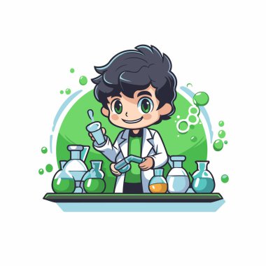 Bilim adamı çocuk çizgi film karakteri elinde kimyasal sıvıyla test tüpü tutuyor. Vektör illüstrasyonu