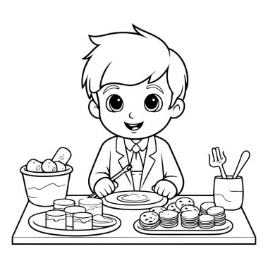 Çocuk suşi ve ekmek yiyor. Çocuklar için boyama kitabı. Vektör illüstrasyonu.