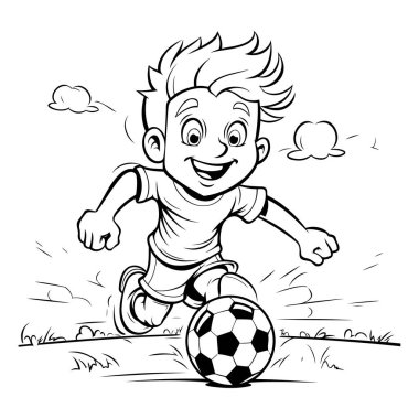 Futbol oynayan çocuk - boyama kitabı için siyah-beyaz vektör çizimi.