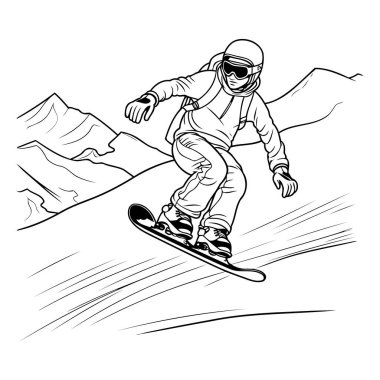 Snowboardcu atlıyor. Tasarımın için çizim. Vektör illüstrasyonu.