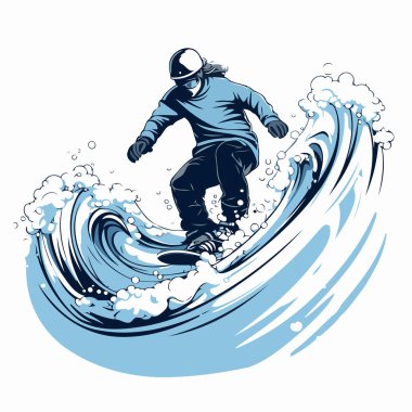 Dalgaya atlayan snowboardcu. Olağanüstü bir spor. Vektör illüstrasyonu.