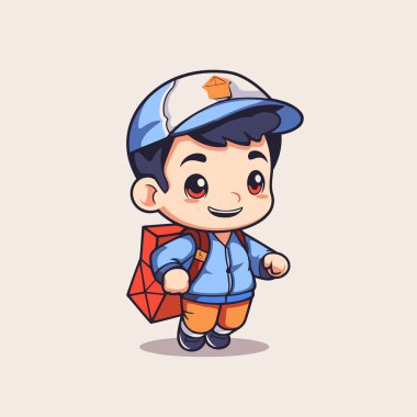 Hediye kutusu olan şirin bir çocuk. Vektör çizgi film karakteri çizimi.