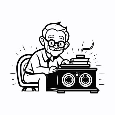 Kameralı eski fotoğrafçı. İzole edilmiş beyaz arkaplanda vektör illüstrasyonu.