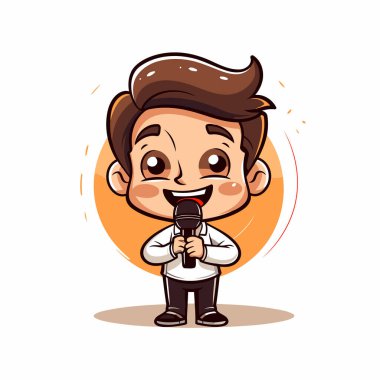 Mikrofonlu karaoke söyleyen sevimli çizgi film çocuğu. Vektör illüstrasyonu.