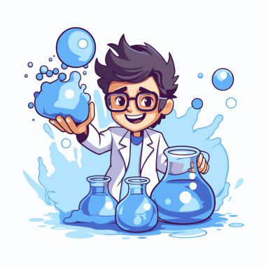 Bilim adamı çocuk çizgi film karakteri. Düz bir şekilde vektör illüstrasyonu.