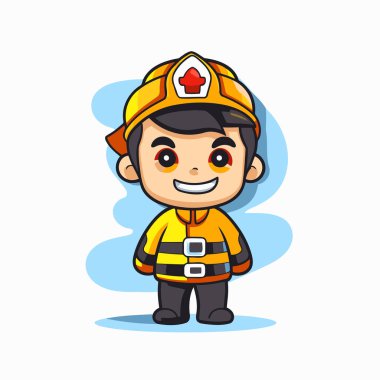 Şirin itfaiyeci karakteri. Tatlı çizgi film itfaiyecisi. Vektör illüstrasyonu.