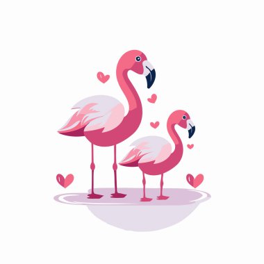 Kalplere aşık sevimli flamingo çifti. Vektör illüstrasyonu.