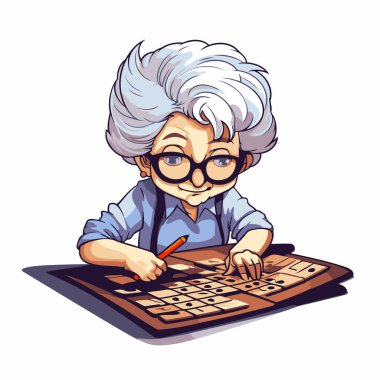 Büyükannem satranç oynuyor. Beyaz arkaplanda vektör illüstrasyonu.