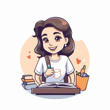 Kitap okuyan tatlı bir kız. Çizgi film tarzında vektör illüstrasyonu.