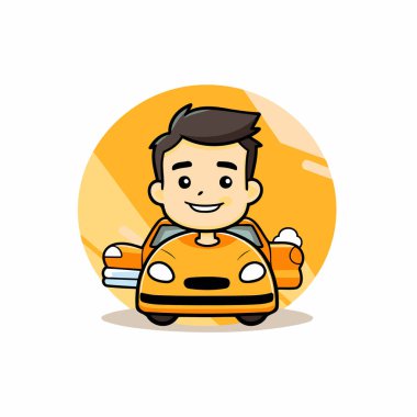 Şirin taksi şoförü çizgi film çizimi. düz dizayn. sarı daire