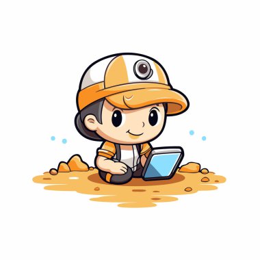 Kumda tableti olan sevimli bir çocuk. Vektör illüstrasyonu.