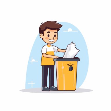 Adam çöpe kağıt atıyor. Çizgi film tarzında vektör illüstrasyonu.