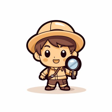 Sevimli kaşif çocuk elinde büyüteçle bir şeye bakıyor.