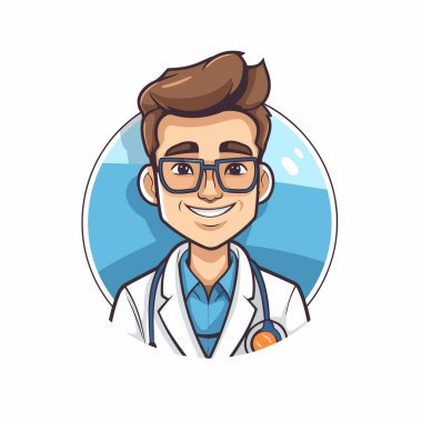 Steteskoplu ve gözlüklü bir doktor. Çizgi film tarzında vektör illüstrasyonu.